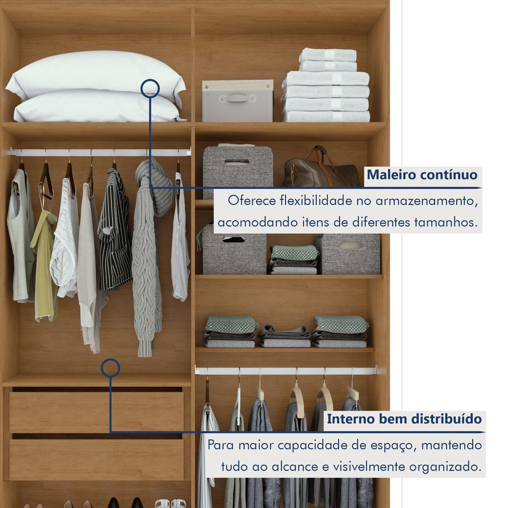 Guarda-Roupa Solteiro 4 Portas 2 Gavetas Alonzo Móveis Lopas 100% MDF Marrom Amêndoa Clean/Branco