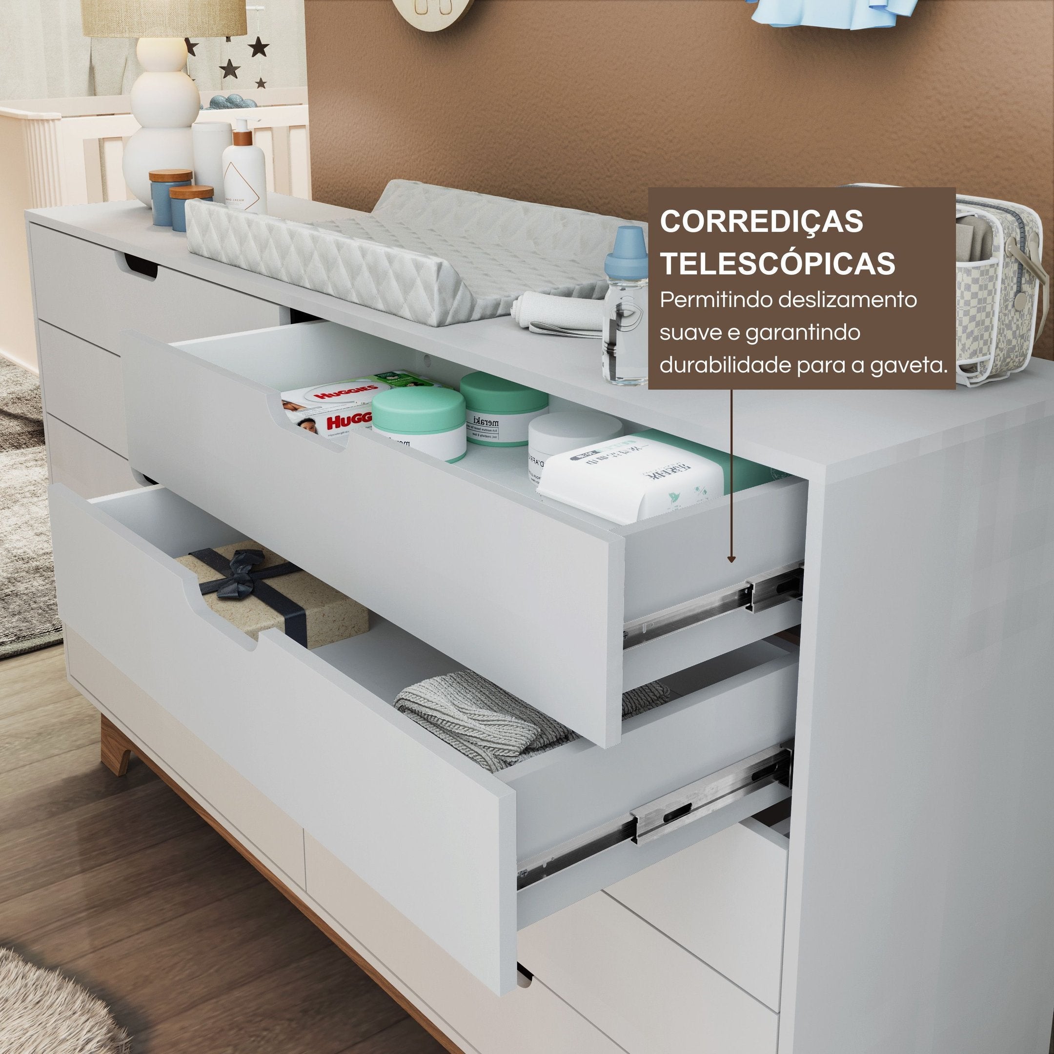 Cômoda Infantil 10 Gavetas 100% MDF Alice FD Branco/Freijó