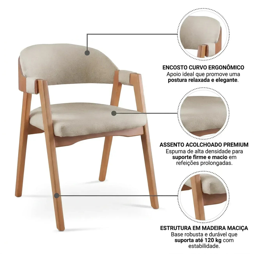 Kit 6 Cadeiras Sala de Jantar Estofadas com Braços Linho Madeira Gaia Yescasa