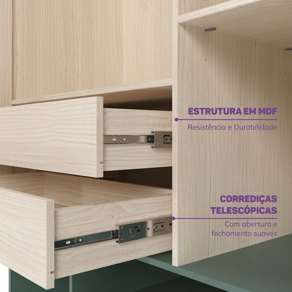 Quarto Infantil Completo Guarda-Roupa Curió e Bicama Petit Casatema Verde/Mel