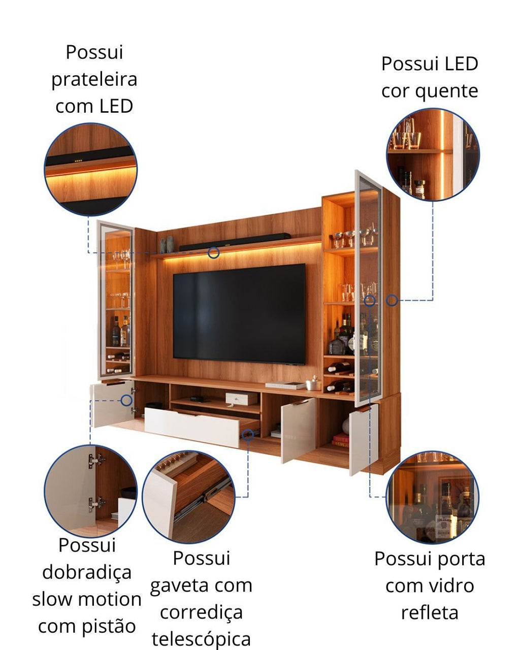 Estante Home Noble 270cm para TV até 75 Polegadas com 2 Cristaleiras Portas Reflecta e LED Movelove
