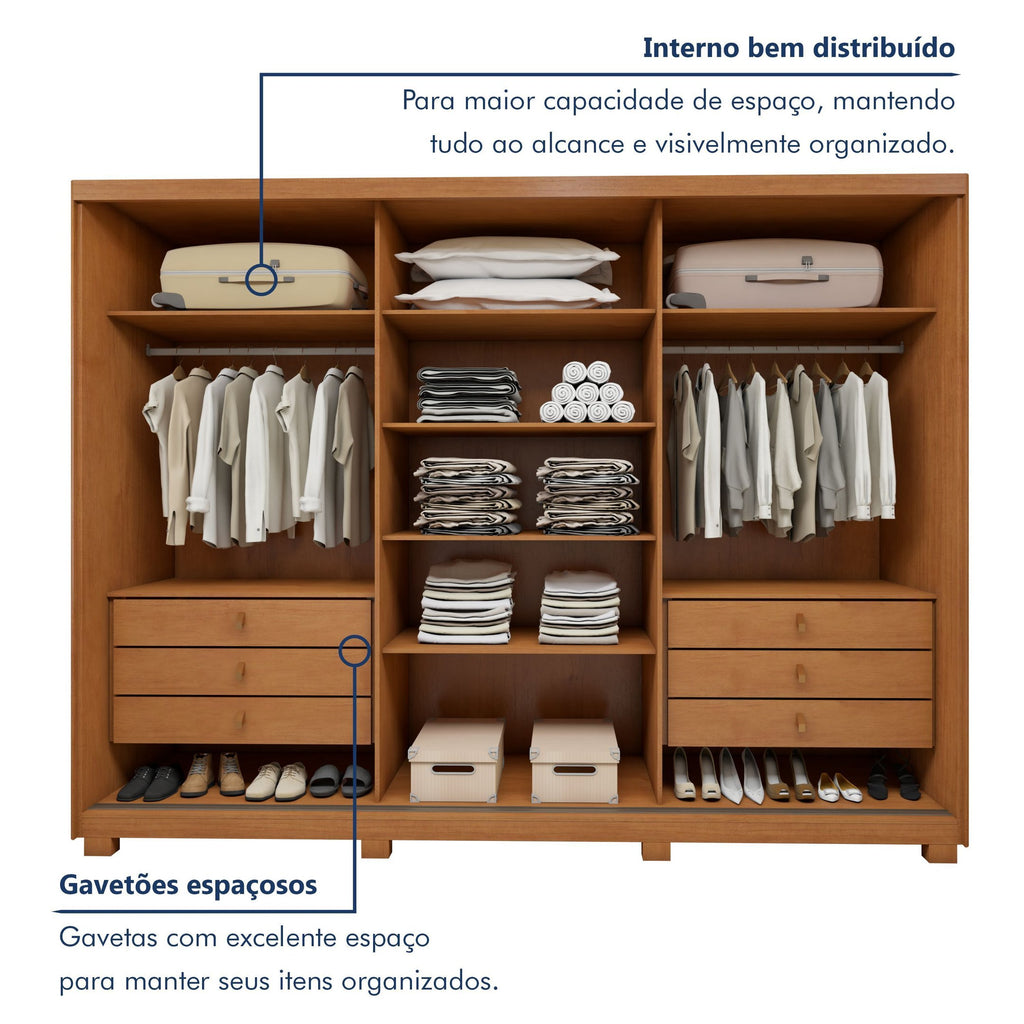 Guarda-Roupa Casal 3 Portas 6 Gavetas com Pés MDF 274cm Ollie Yescasa Marrom Amêndoa Clean/Off White