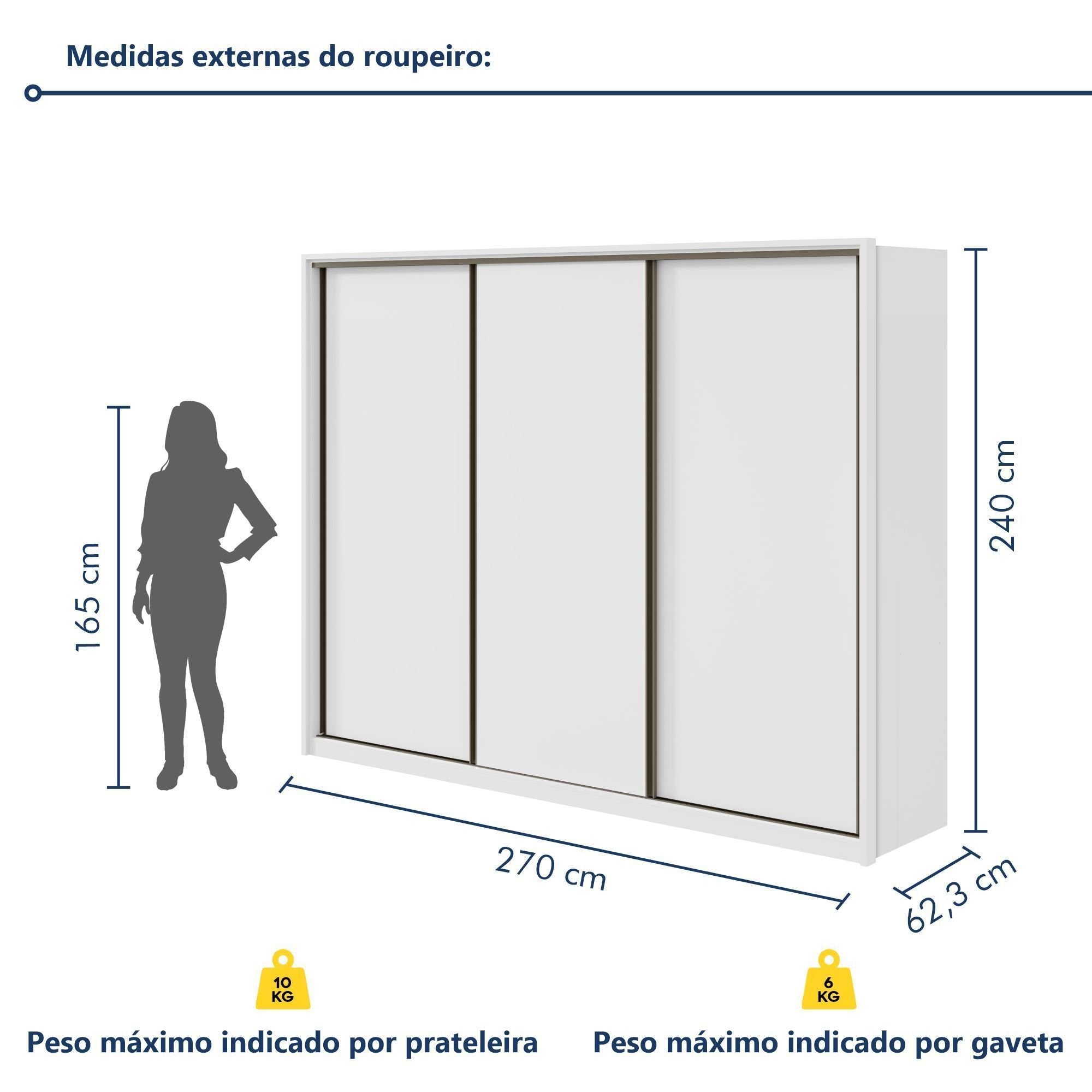 Guarda-Roupa Casal 3 Portas de Correr 6 Gavetas 270cm Spazio Yescasa 100% MDF Branco