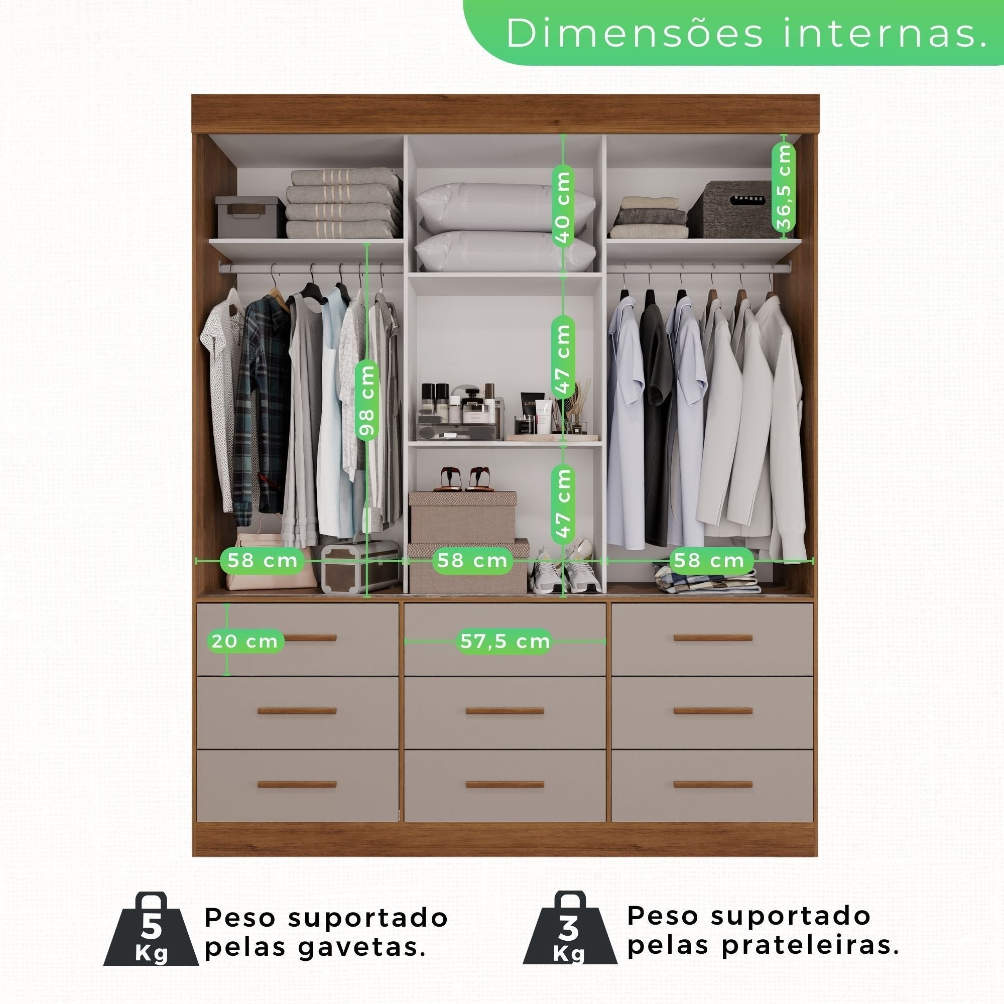 Guarda-Roupa Casal 3 Portas 9 Gavetas Luana Sallêto Móveis Off White/Cinamomo