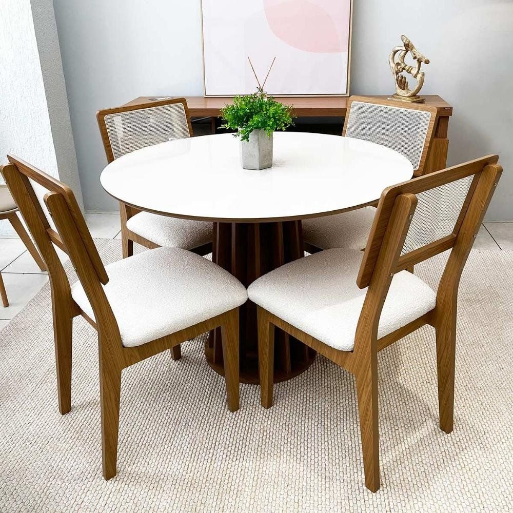 Conjunto de Jantar Mesa Redonda MDF 4 Cadeiras Tela Palha Freijó Off White Cesare Claro Dalla Costa