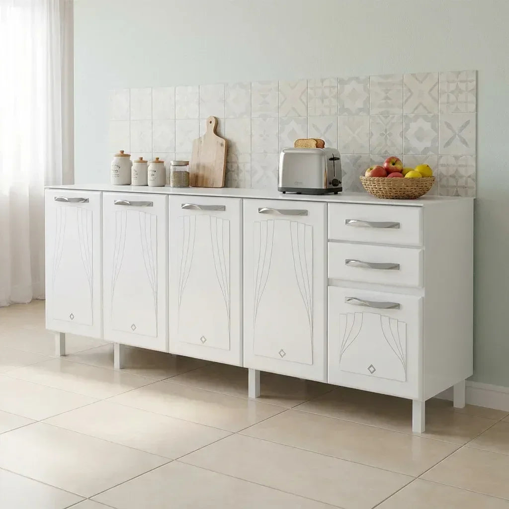 Balcão de Cozinha em Aço 5 Portas 2 Gavetas sem Tampo 200cm Star New Telasul Branco