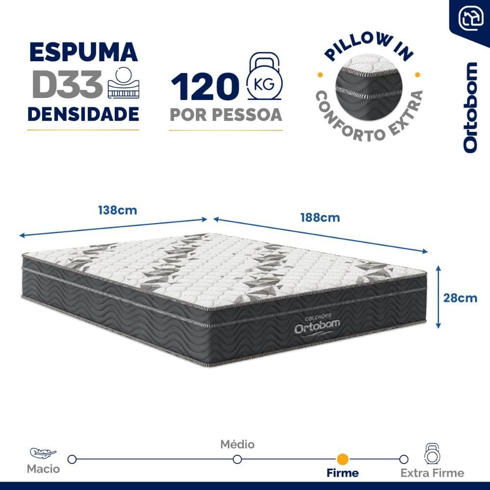 Colchão Casal Espuma D33 Ortobom Airtech Ortopillow 100 Cinza 138x188x28cm