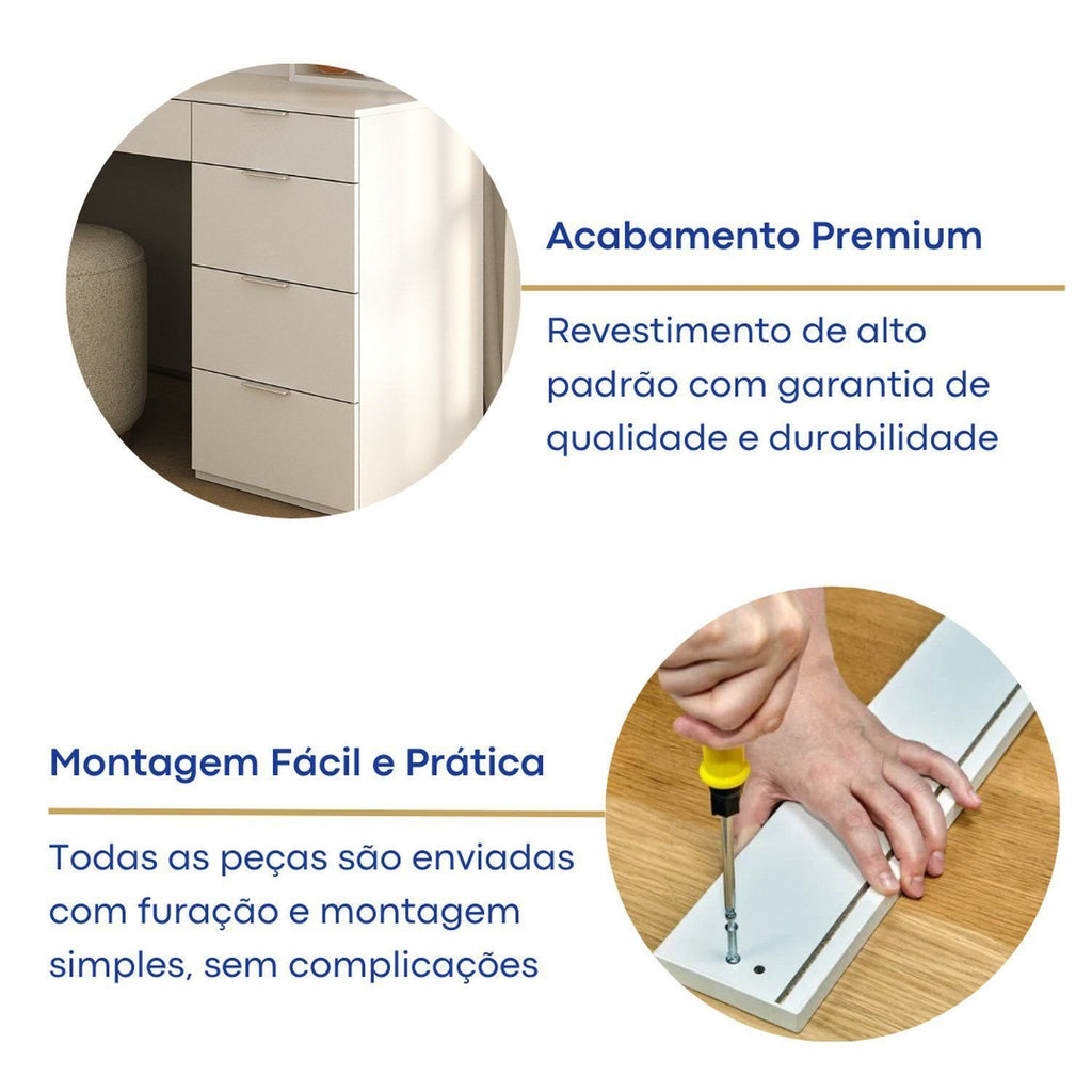 Penteadeira Escrivaninha em L com Espelho LED 5 Gavetas 6 Nichos Foscarini Branco
