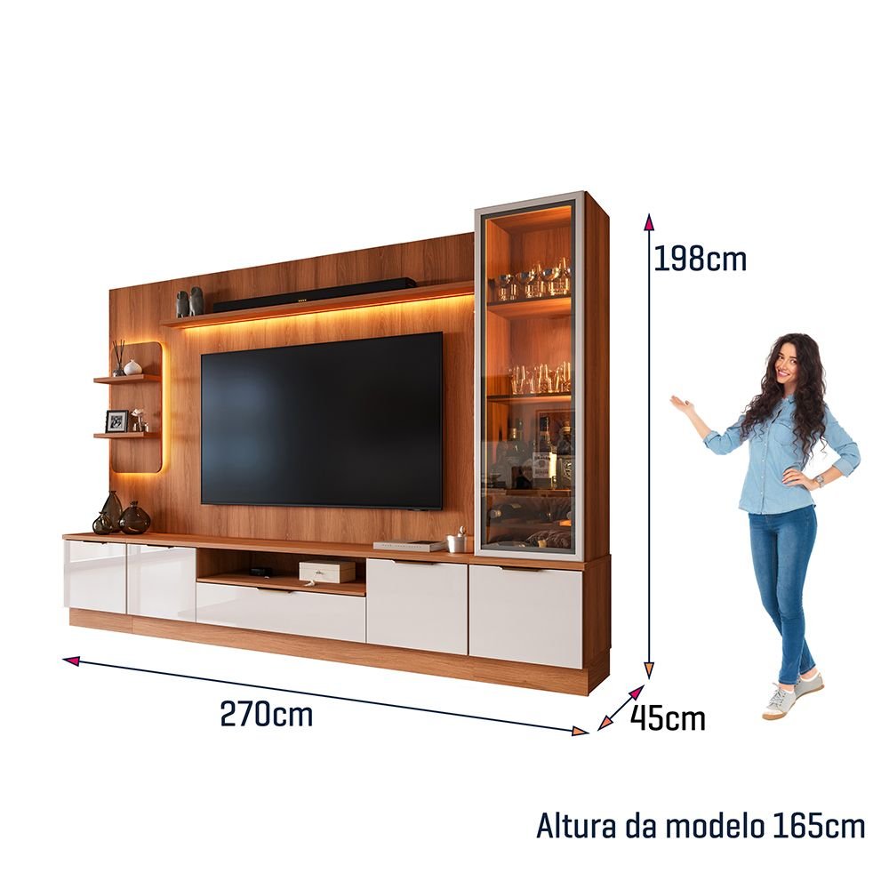 Estante Home Noble 270cm para TV até 75” com Cristaleira, Torre com LED e Portas Reflecta em MDP Movelove