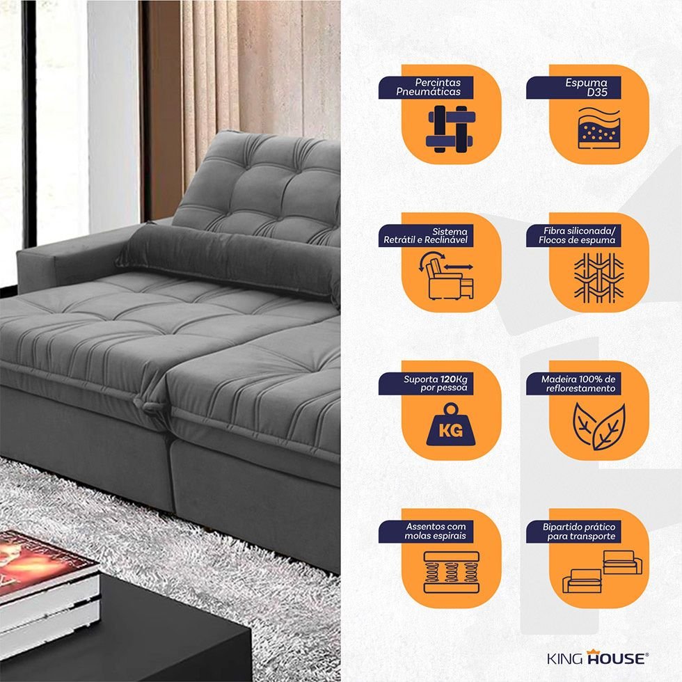 Sofá Retrátil e Reclinável Zurique 2,50m Suede Velut com Molas no Assento King House