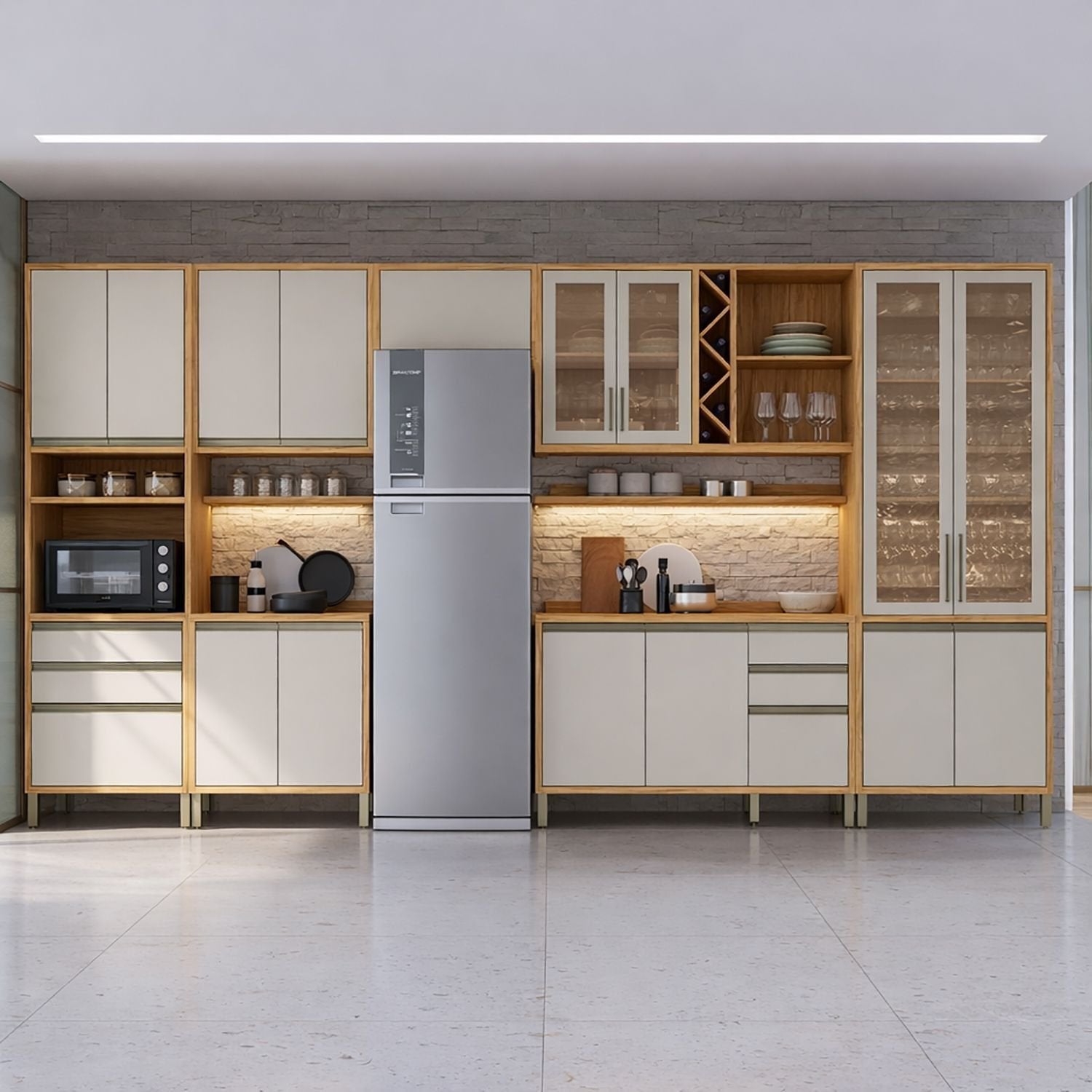 Cozinha Completa Modulada Barbados 7 Peças 16 Portas com Vidro e Tampo 100% MDF Espresso Móveis Bege/Amêndoa/Off White