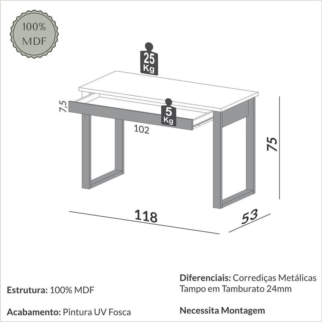 Escrivaninha Mesa Escritório Industrial 100% MDF 118cm F24 Pradel Móveis
