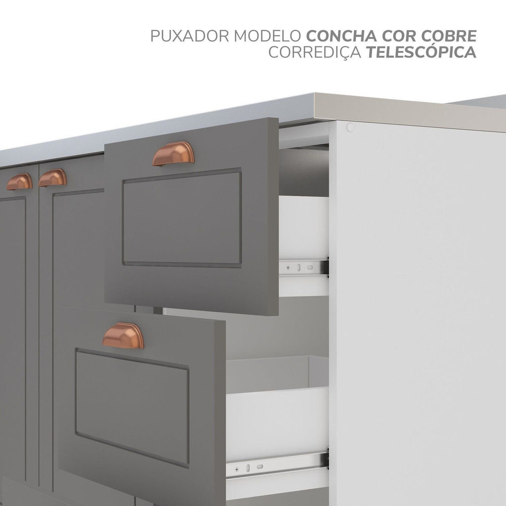 Cozinha Completa Pérola Yescasa 5 Peças Torre Quente Aéreo 3 Portas Balcão 2 Gavetas Basculante Cinza/Branco 270,2x219,4x52cm
