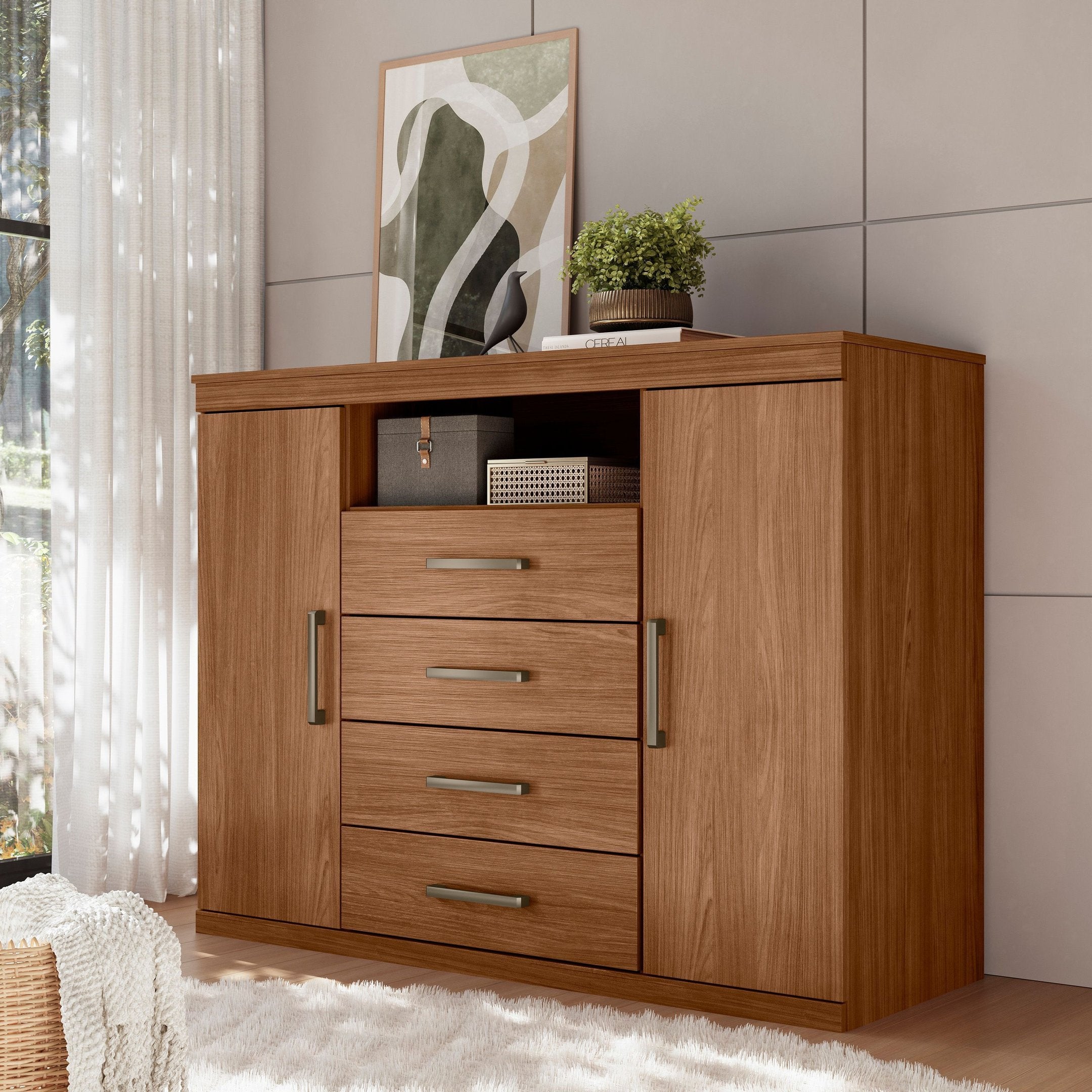 Cômoda para Quarto 2 Portas 4 Gavetas 1 Nicho Master Santos Andirá Marrom/Jatobá