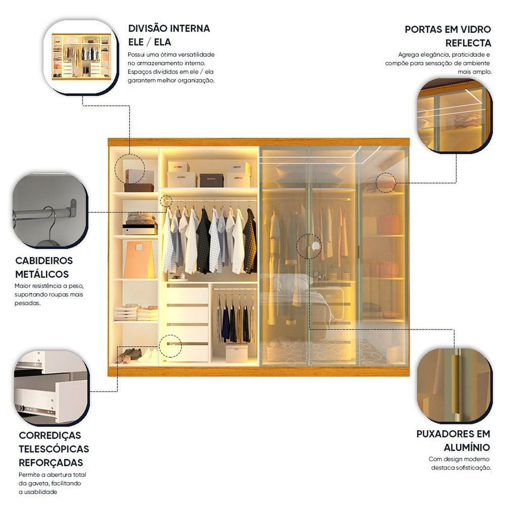 Guarda-Roupa Casal 6 Portas Reflecta Cumaru Yescasa 100% MDF Marrom/Marrome
