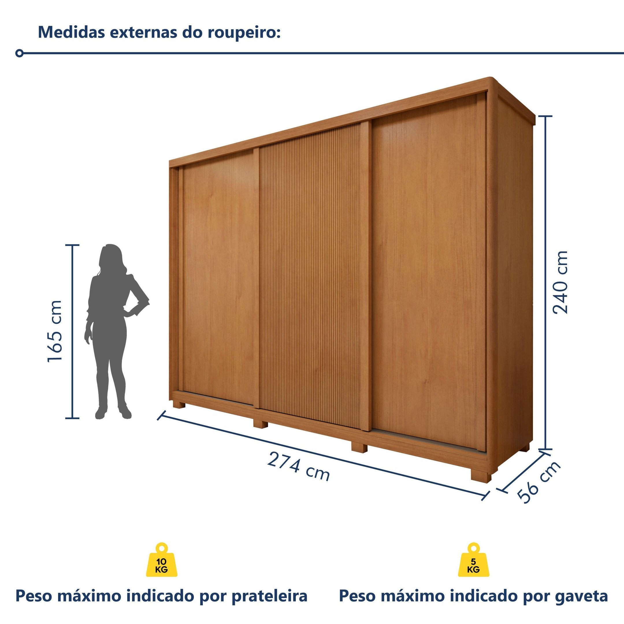 Guarda-Roupa Casal 3 Portas 6 Gavetas com Pés MDF 274cm Ollie Yescasa Marrom Amêndoa Clean/Off White