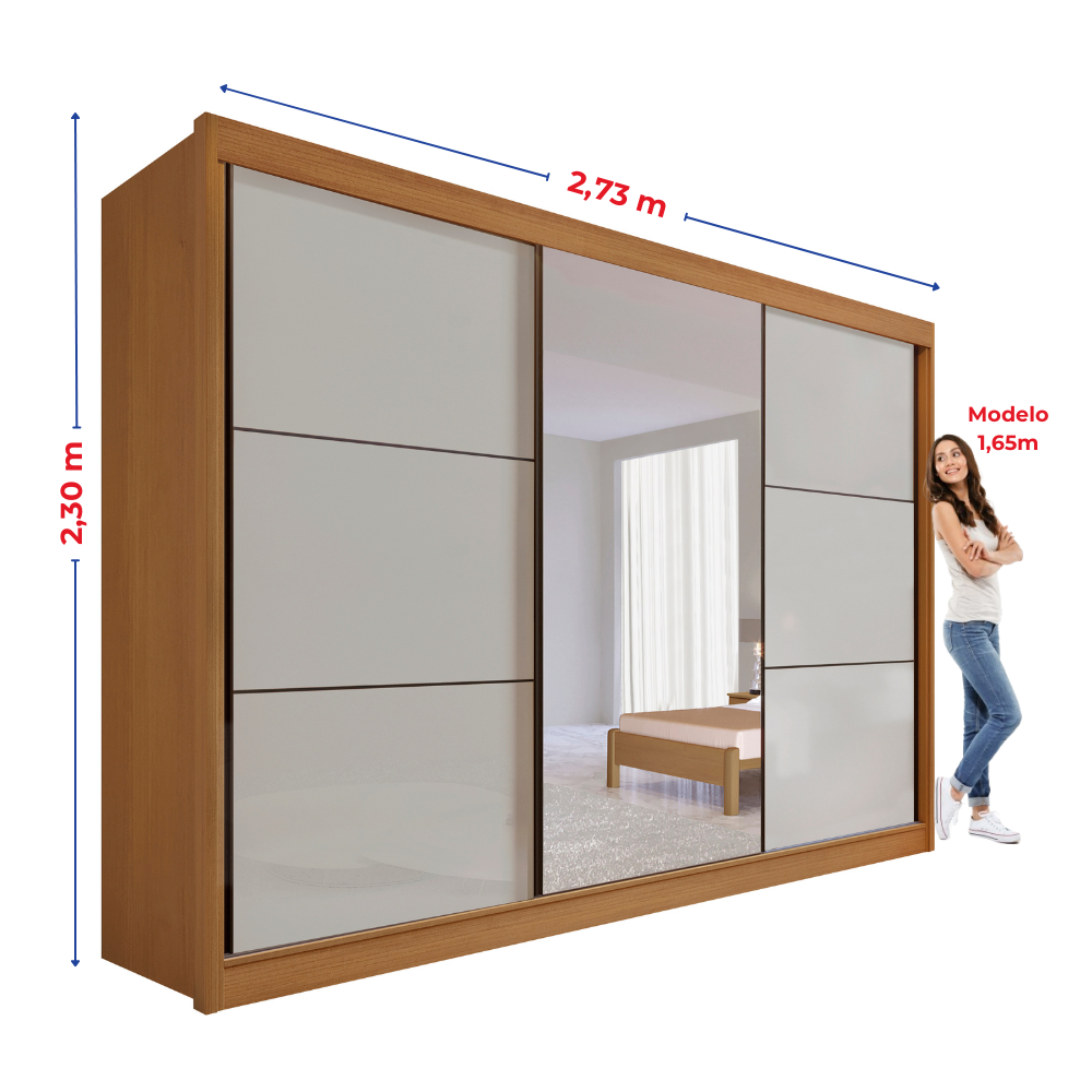 Guarda-Roupa Casal 3 Portas de Correr 6 Gavetas 273cm Miami D Doro 100% MDF Marrom/Cinamomo/Off White