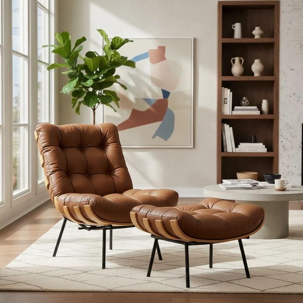 Kit Poltrona e Puff Costela Base Fixa Sintético Caramelo STRASO MÓVEIS
