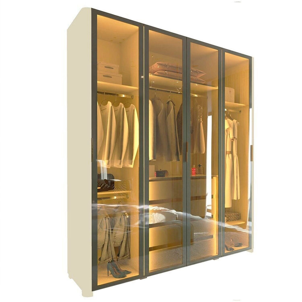 Guarda-Roupa Solteiro 4 Portas Reflecta com Pés e LED 100% MDF Innova Gelius Móveis Bege/Off White