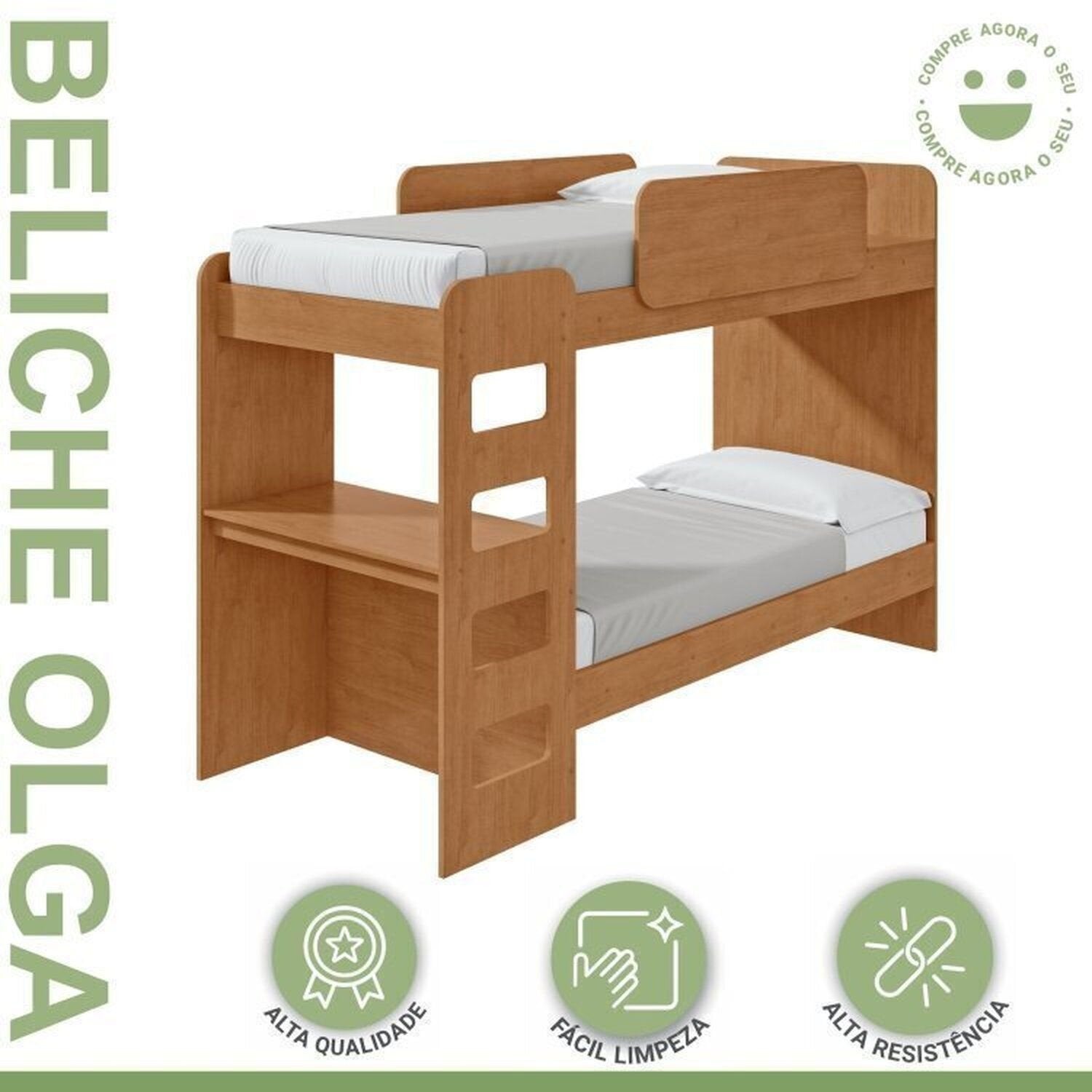Conjunto Quarto Infantil com Beliche Escrivaninha Cômoda e Guarda-Roupa Móveis Lopas Marrom Amêndoa Clean