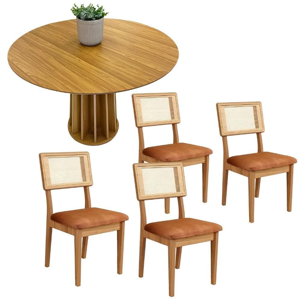 Conjunto de Jantar Mesa Redonda MDF 4 Cadeiras Tela Palha Freijó Off White Cesare Claro Dalla Costa