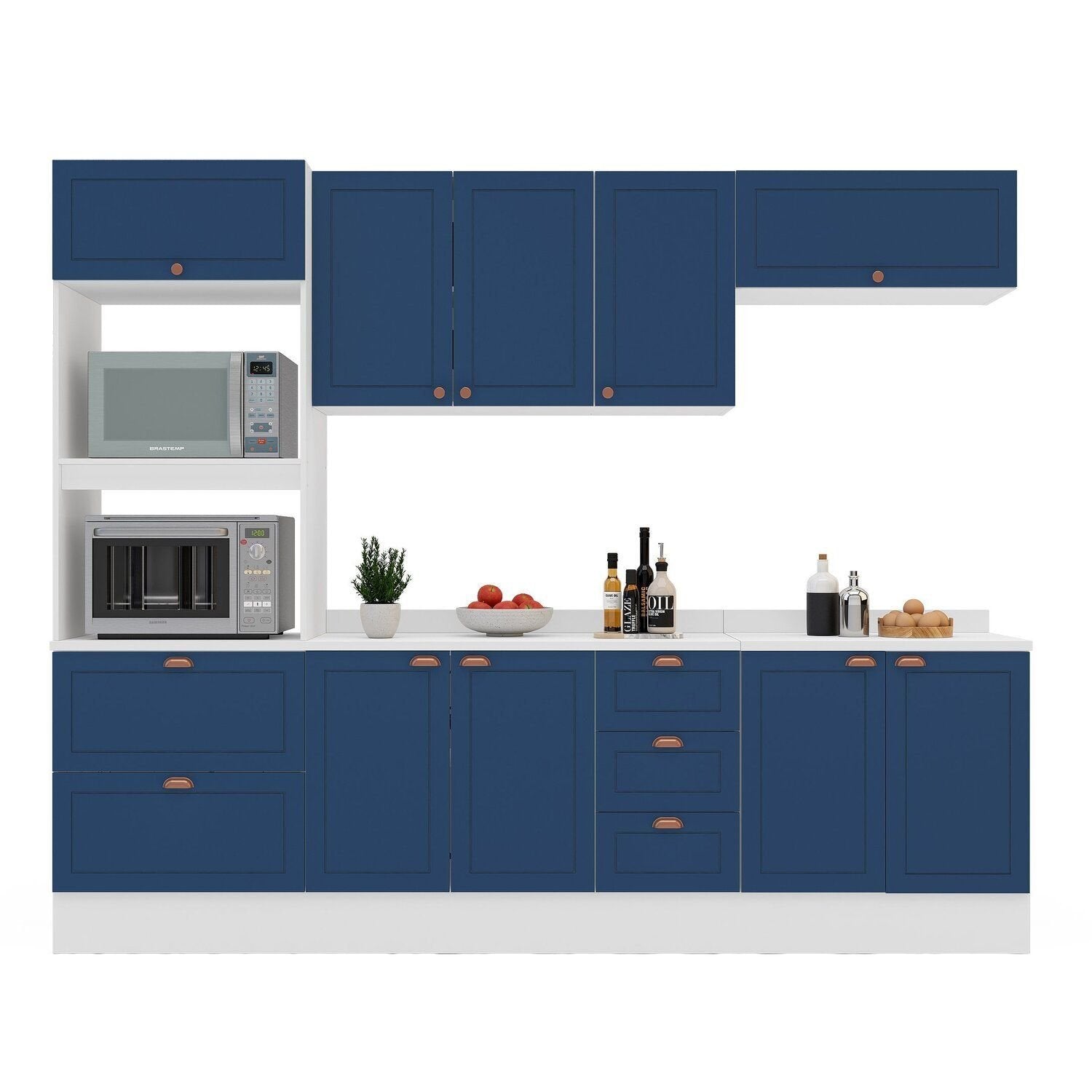 Cozinha Pérola Completa Torre Quente Aéreo 3 Portas Basculante Balcão 120 e 80 Yescasa Azul/Branco 270,2x219,4x52cm