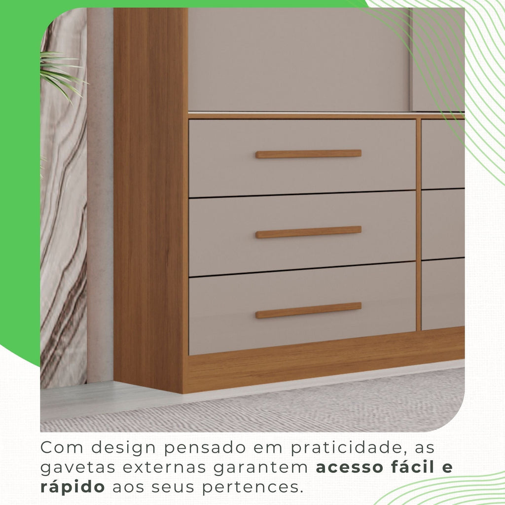 Guarda-Roupa Casal 3 Portas 9 Gavetas Luana Sallêto Móveis MDF/MDP Off White/Cinamomo