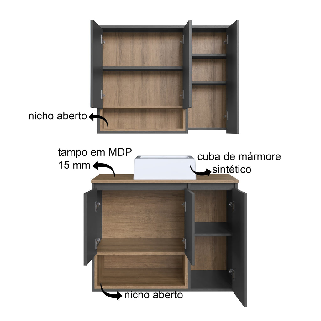 Conjunto para Banheiro Gabinete Suspenso com Cuba e Espelheira Cecília FAEMA 80cm Marrom/Mel/Grafite