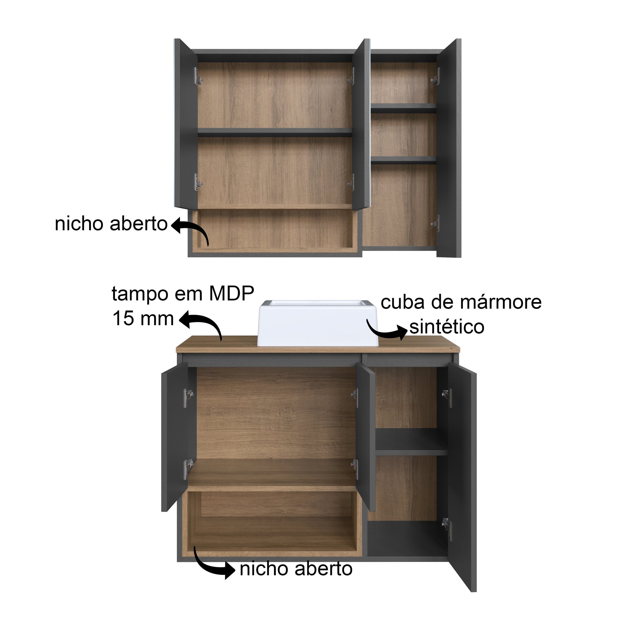 Conjunto para Banheiro Faema Cecília Suspenso 80cm Cuba e Espelheira 3 Portas Marrom/Mel/Grafite