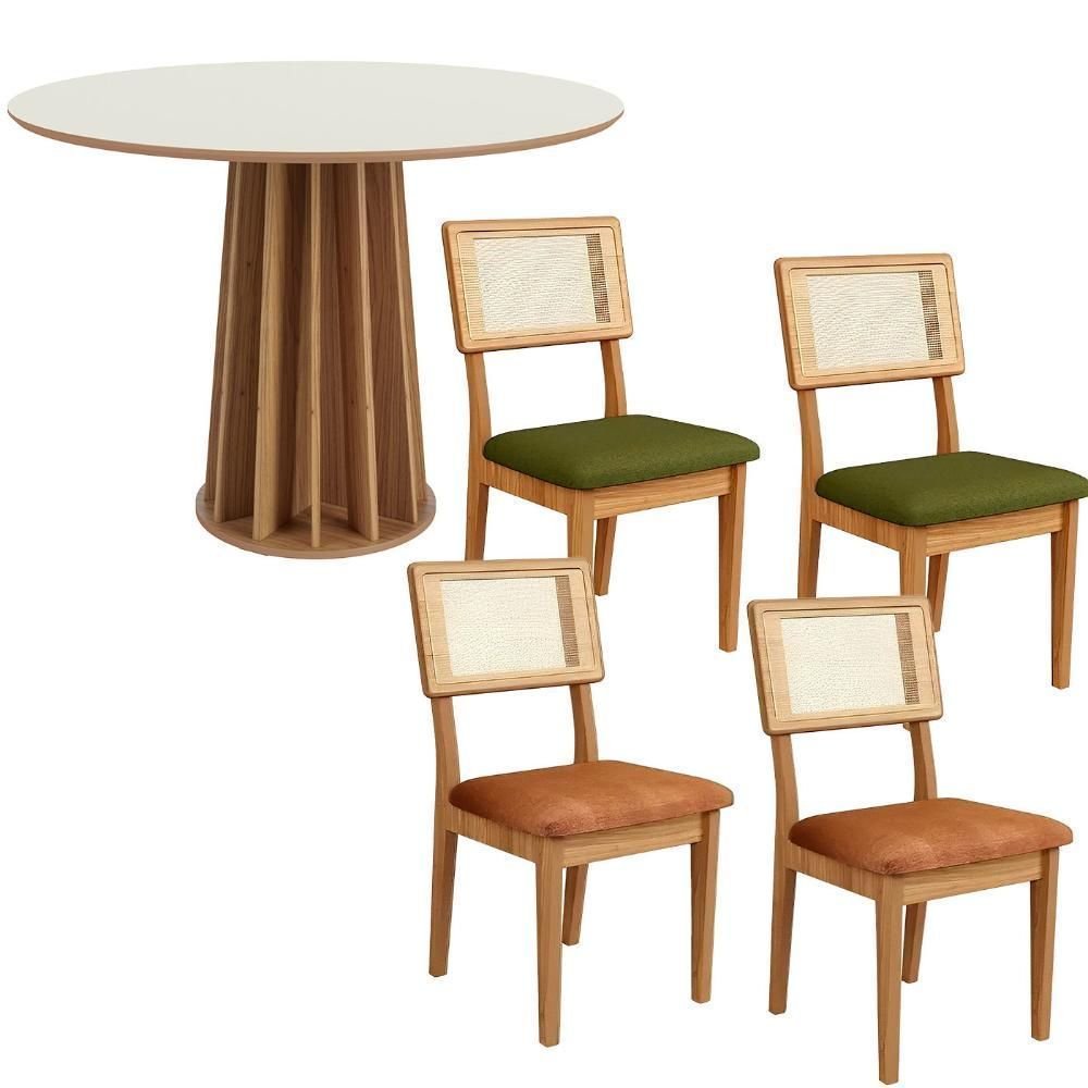 Conjunto de Jantar Mesa Redonda MDF 4 Cadeiras Tela Palha Freijó Off White Cesare Claro Dalla Costa
