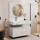 Conjunto para Banheiro Bancada Porcelanato Cuba Esculpida Armário Espelho Ripy Bumi 100cm Amarelo/Wood