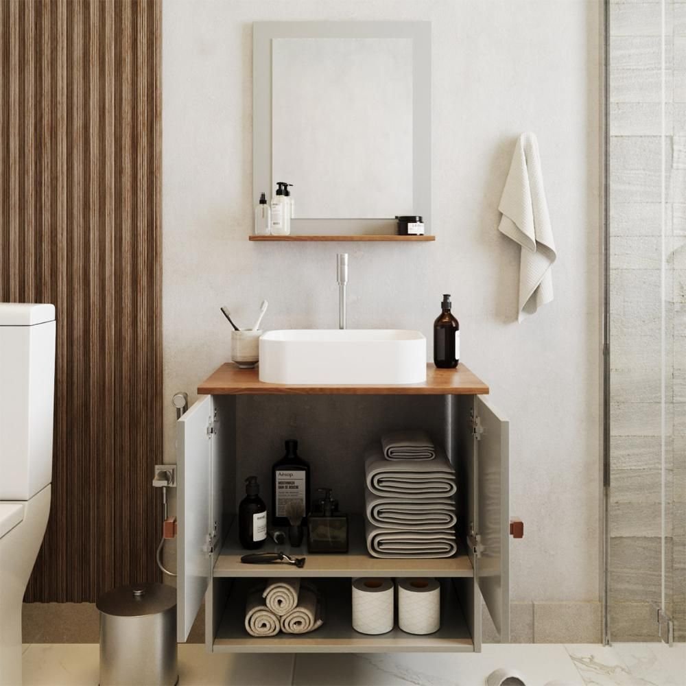 Conjunto de Banheiro Deli 2 Portas com Cuba Oxford e Espelheira Loja DoceLar Branco Carrara/Nature