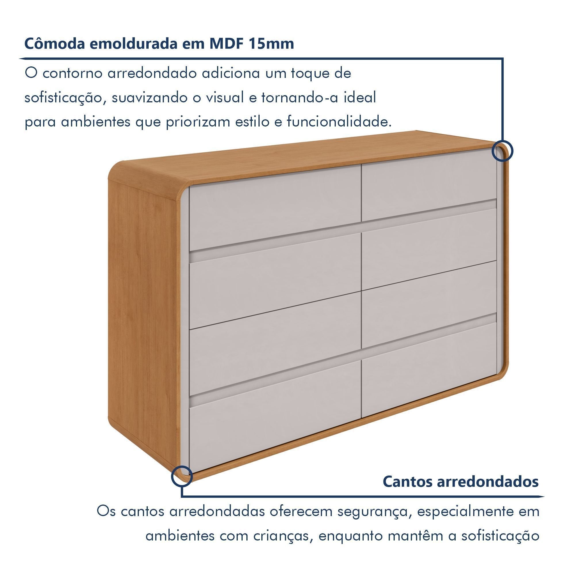 Cômoda para Quarto 8 Gavetas Puxador Embutido Loop 152cm Bege Amêndoa Clean/Off White