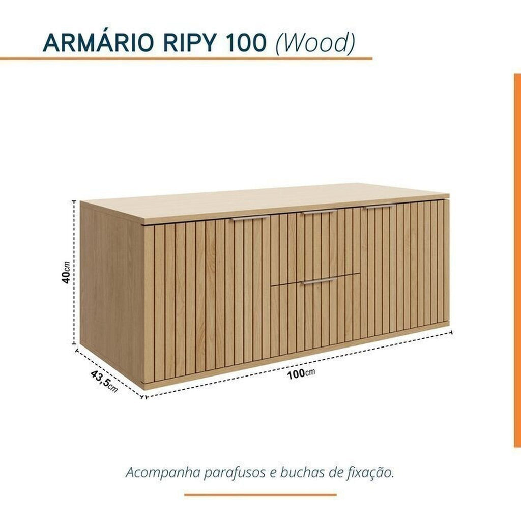 Conjunto para Banheiro Bumi Ripy 100cm Cuba Esculpida Armário e Espelho Amarelo/Wood