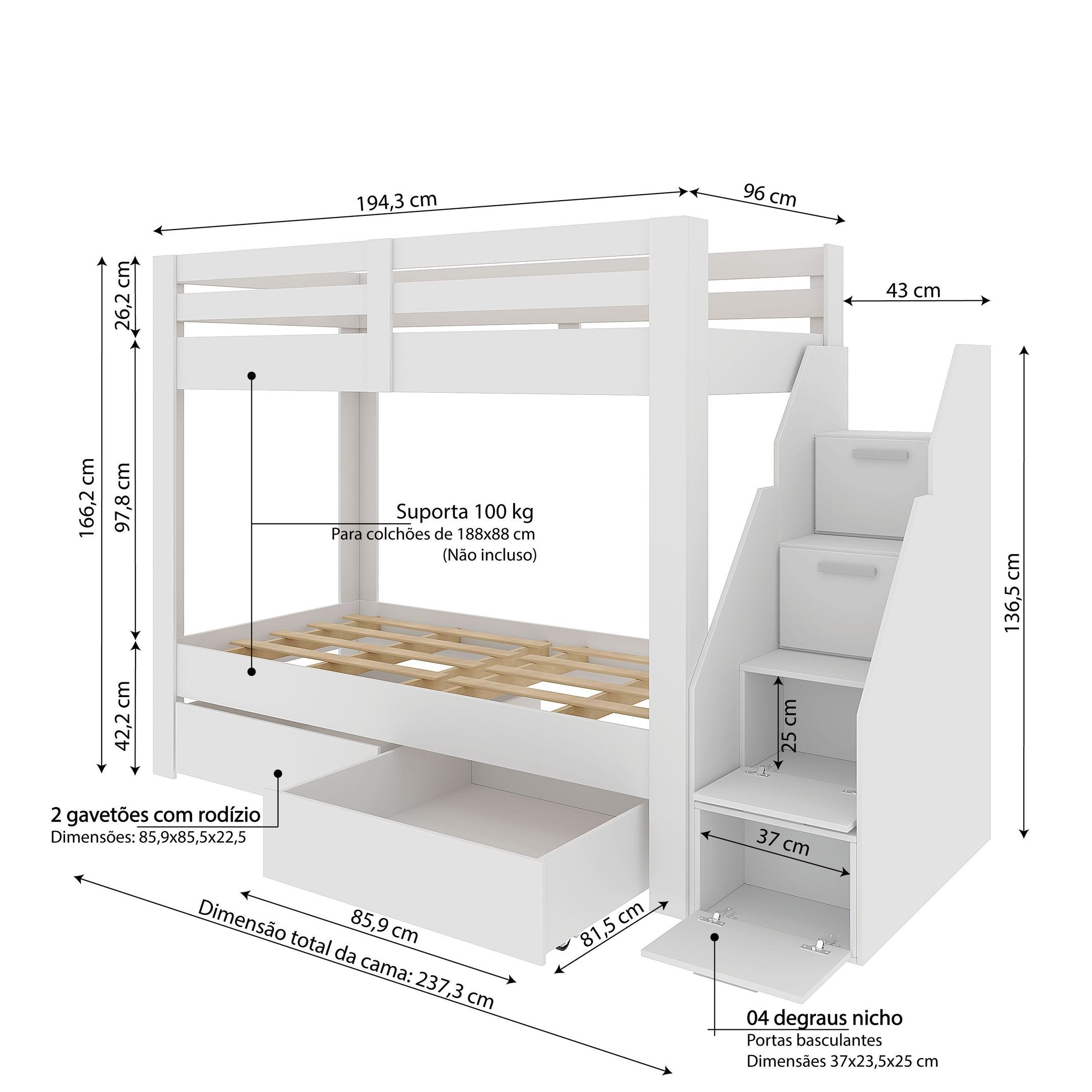 Beliche Solteiro Adulto com 2 Gavetões e 4 Nichos Star Plus Casatema MadeiraOriginals Branco