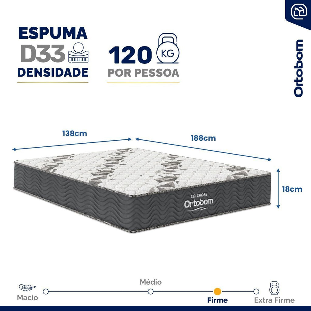 Colchão Casal Espuma D33 One Face Ortobom Airtech 100 Cinza 138x188x18cm