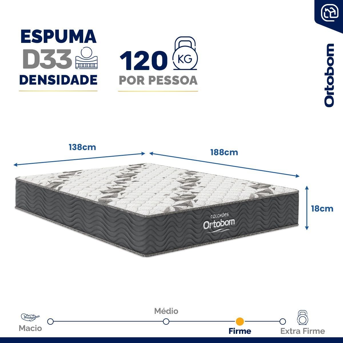 Colchão Casal Espuma D33 One Face Ortobom Airtech 100 Cinza 138x188x18cm