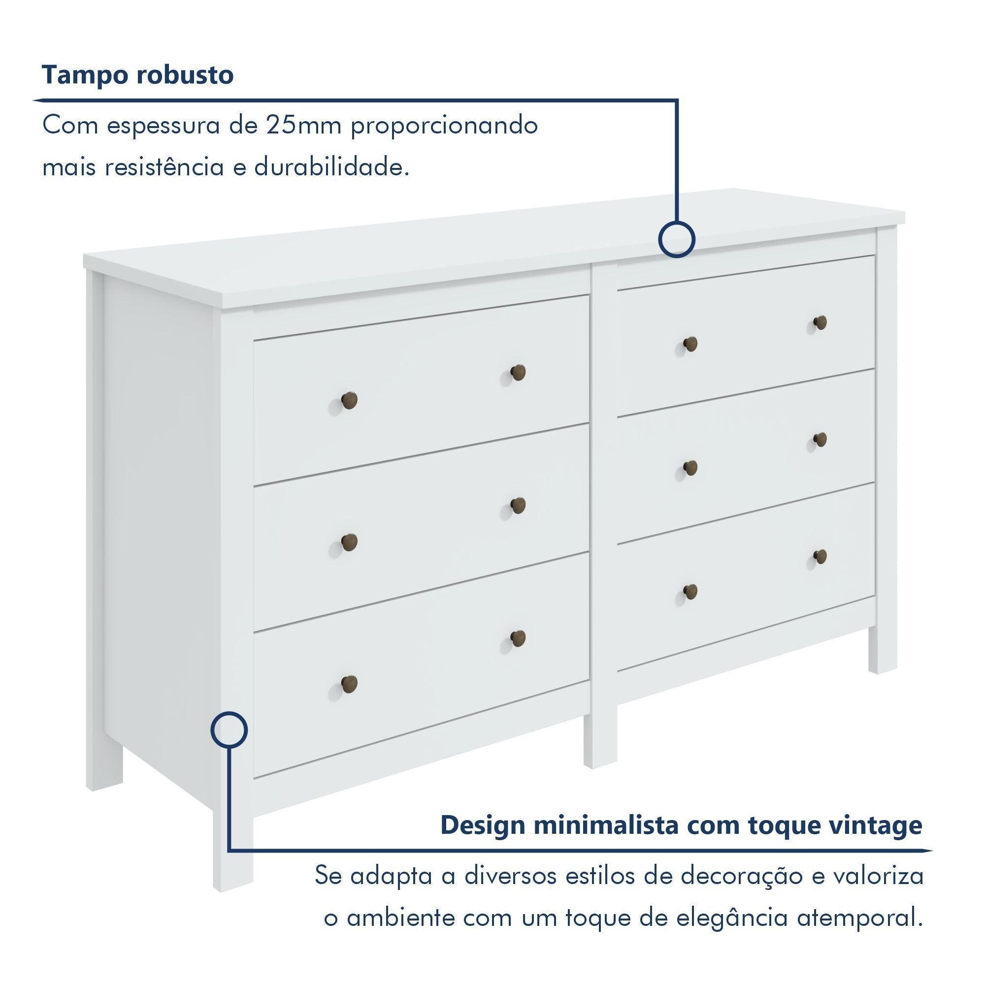 Cômoda para Quarto 6 Gavetas Estilo Clássico MDF Maggiore New 162cm Espresso Móveis Branco