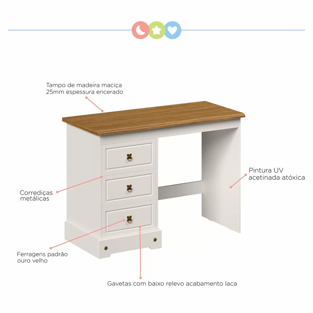 Escrivaninha Mesa Escritório Provençal Smile 3 Gavetas 104,5cm Yescasa Bege