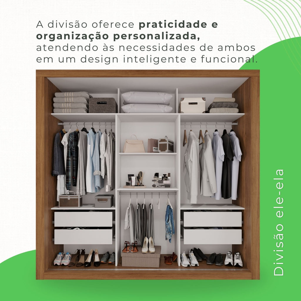 Guarda-Roupa Casal 3 Portas com Espelho 4 Gavetas Costa Rica Sallêto Móveis MDF/MDP Cinamomo/Off-White