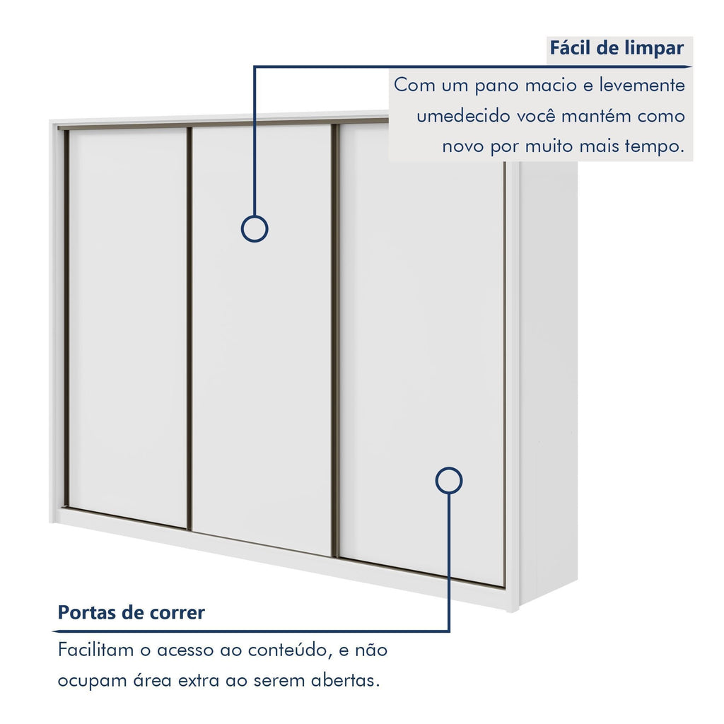 Guarda-Roupa Casal Spazio Yescasa 3 Portas Correr 6 Gavetas MDF 270cm Branco
