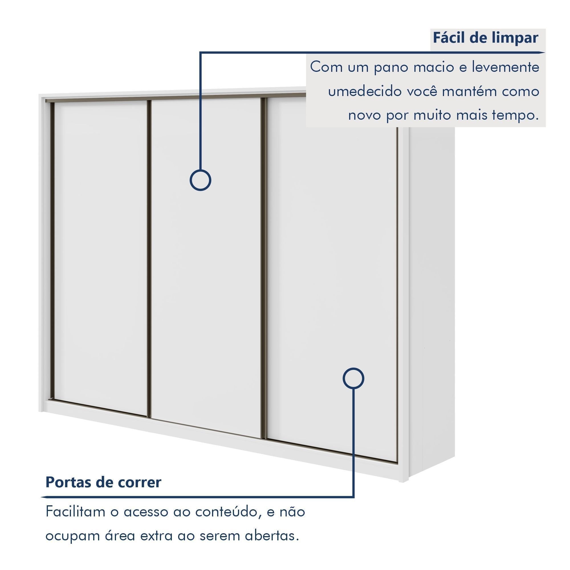 Guarda-Roupa Casal 3 Portas de Correr 6 Gavetas 270cm Spazio Yescasa 100% MDF Branco