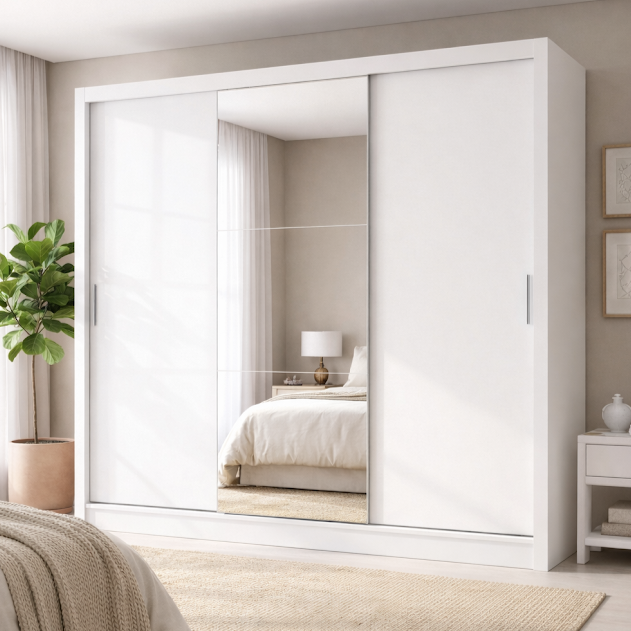Guarda-Roupa Casal 3 Portas de Correr 4 Gavetas com Espelho Plata Demóbile MDP Branco