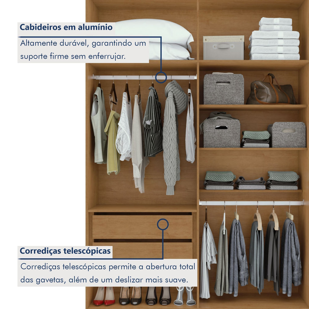 Guarda-Roupa Solteiro 4 Portas 2 Gavetas Alonzo Móveis Lopas 100% MDF 153.5cm Marrom Amêndoa Clean/Branco