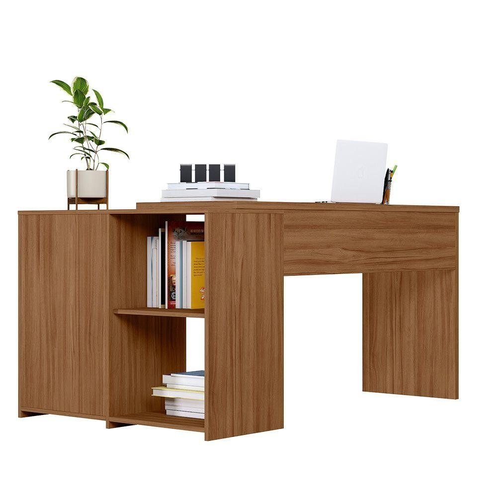 Escrivaninha Mesa Escritório em L Notável Office Tampo Giratório 2 Gavetas 3 Nichos 148,6cm Freijó Trend