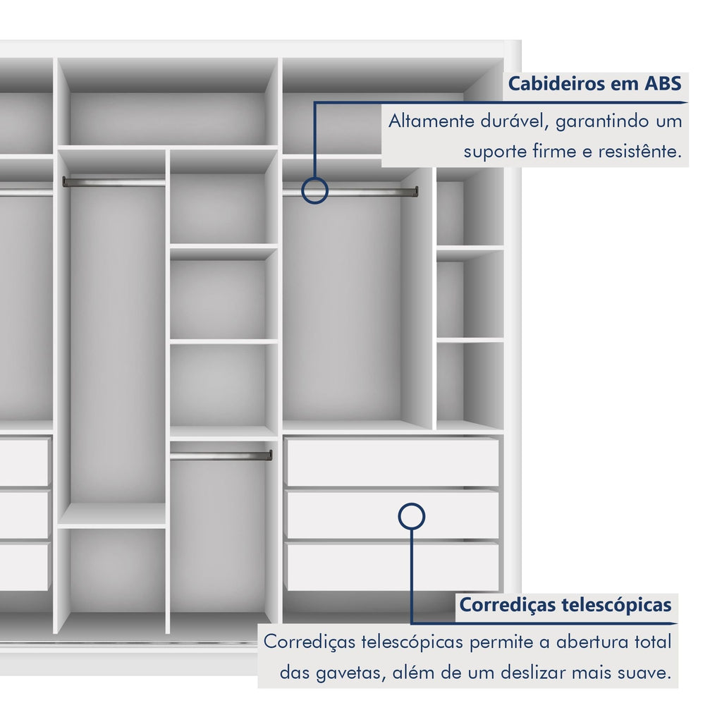 Guarda-Roupa Casal 3 Portas 6 Gavetas com Espelho Premium Lux Yescasa MDP Branco 242cm