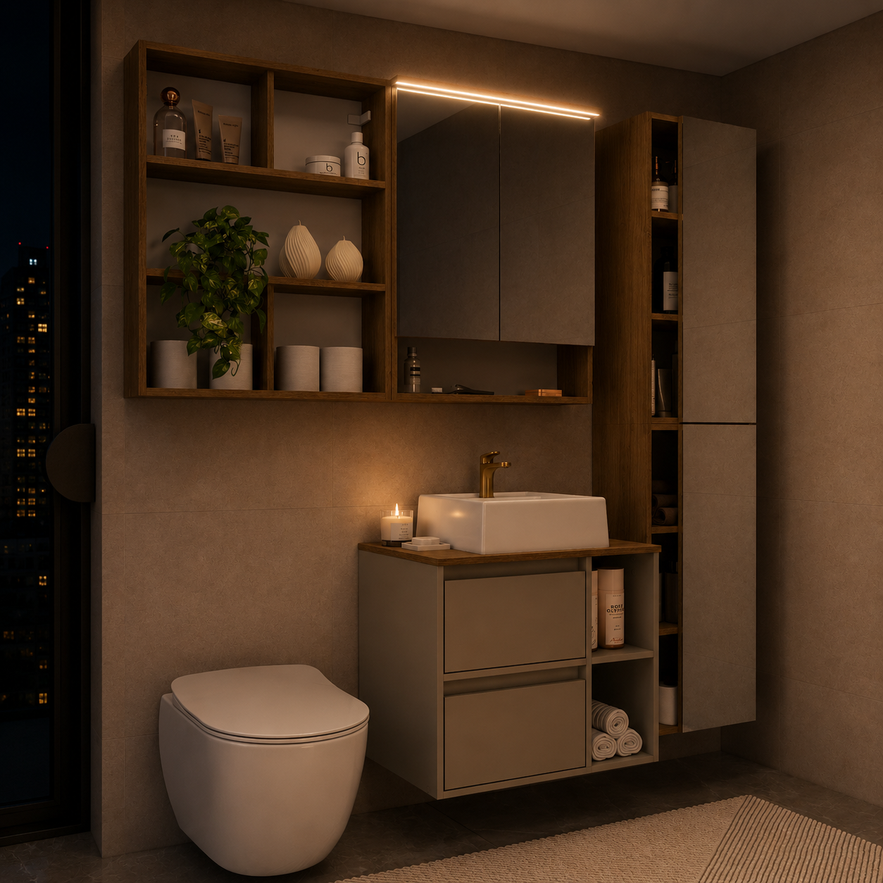 Conjunto para Banheiro Modulado Yescasa 156cm 5 Peças Cuba LED Bege/Mel/Arenas