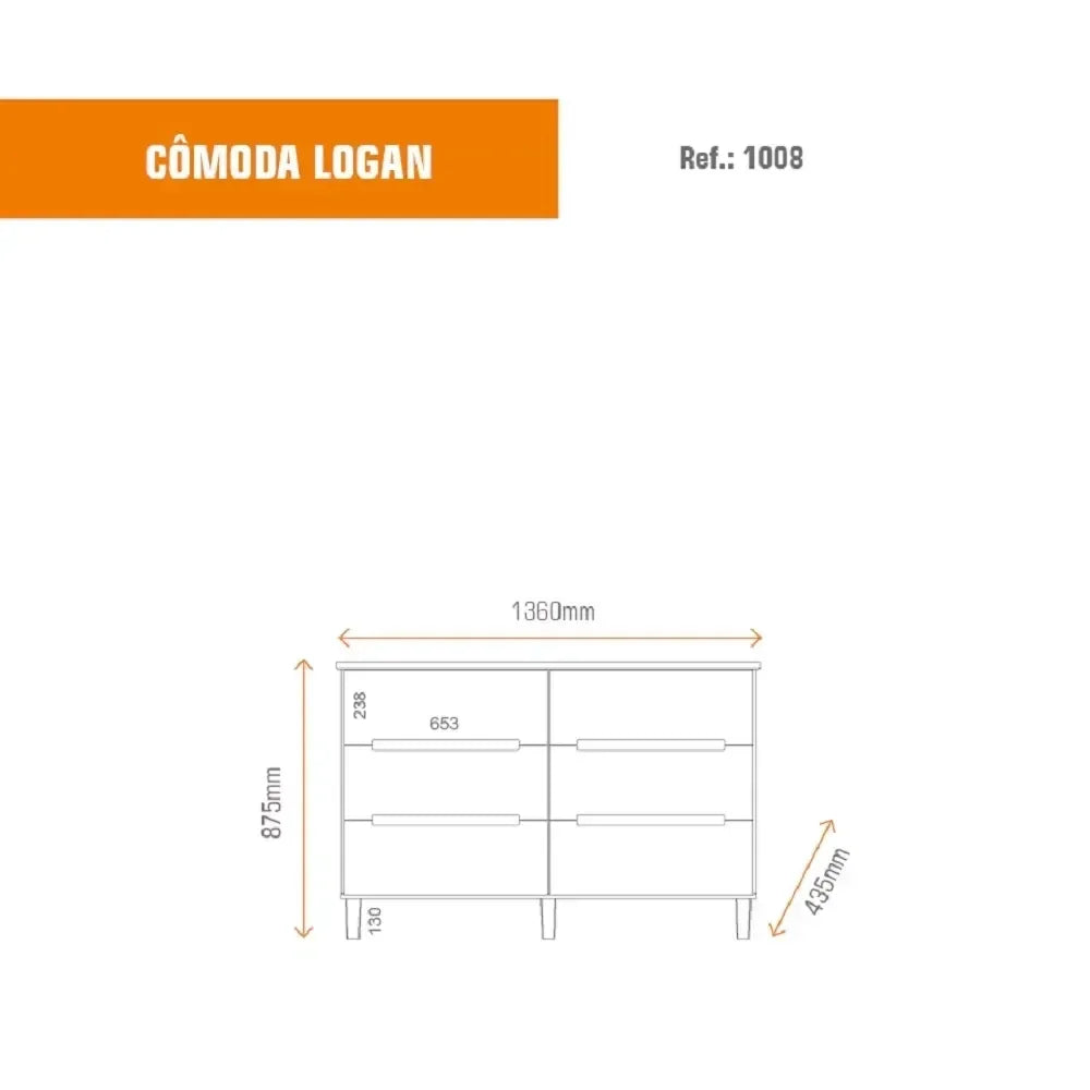 Cômoda para Quarto 6 Gavetas MDF Logan Yescasa Branco/Olmo