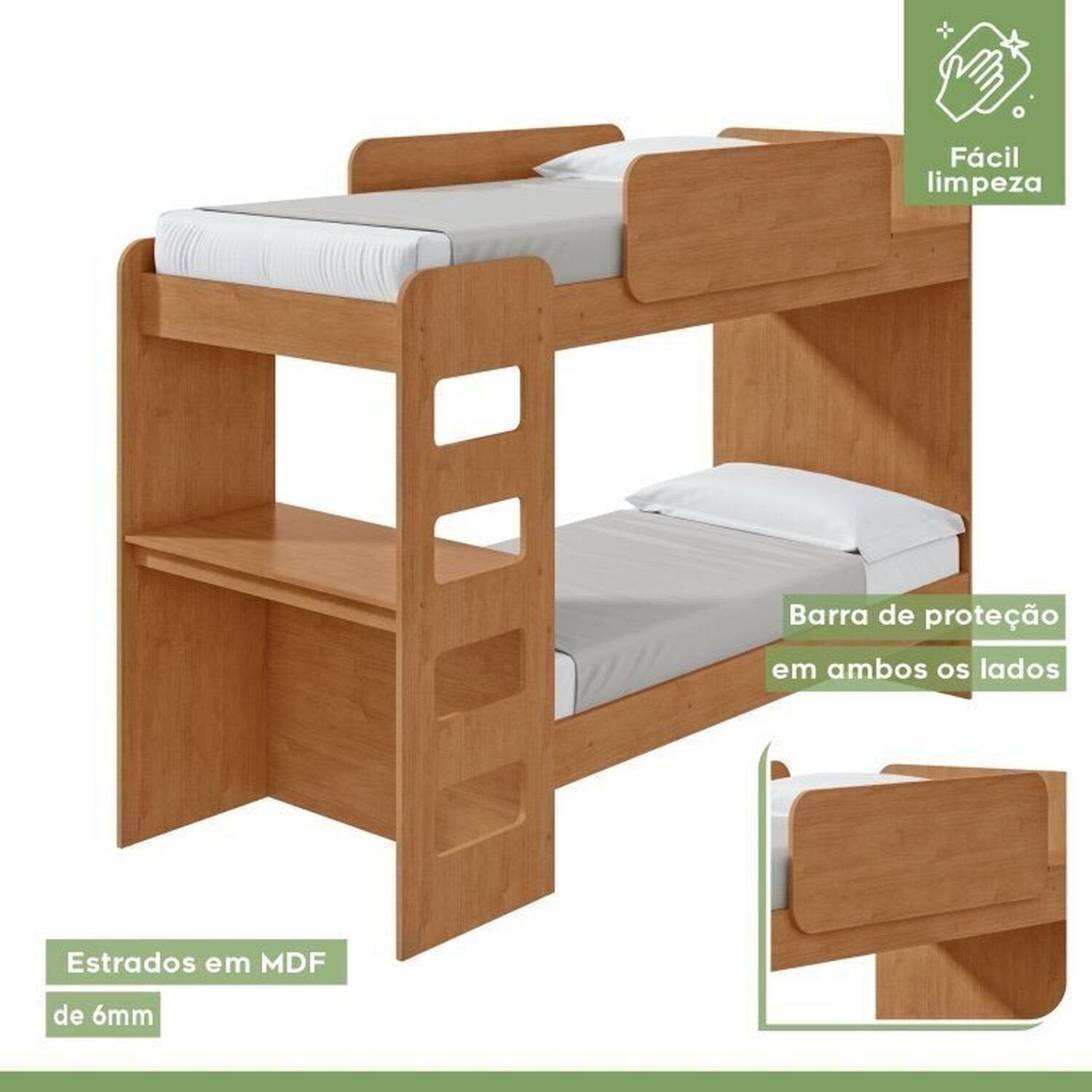 Conjunto Quarto Infantil com Beliche Escrivaninha Cômoda e Guarda-Roupa Móveis Lopas Marrom Amêndoa Clean