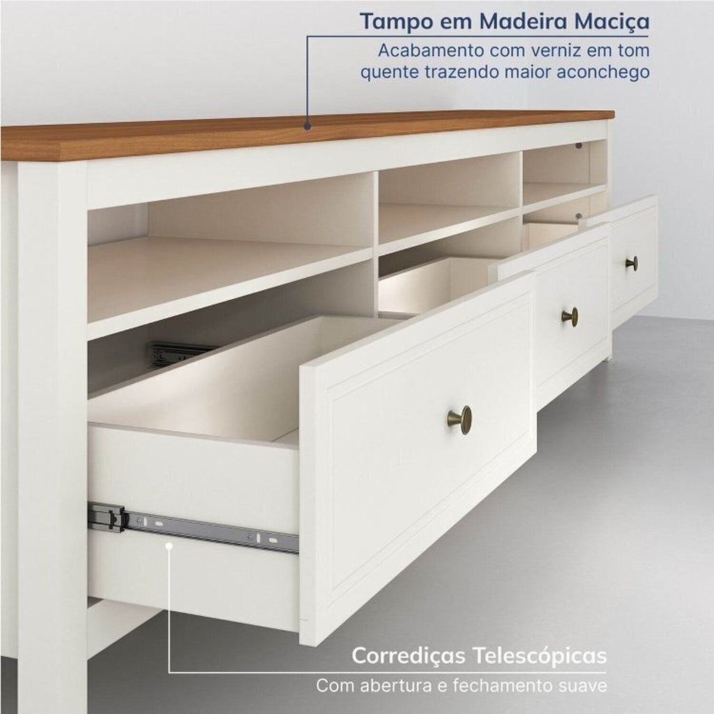 Conjunto Sala de Estar 3 Peças com Rack, Armário e Estante Ananda CabeCasa MadeiraOriginals Branco Off White/Mel